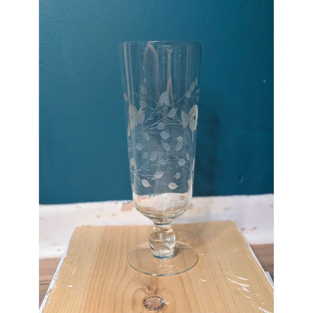 Vintage Etched Cut Floral Crystal Glass Footed Vase 10”